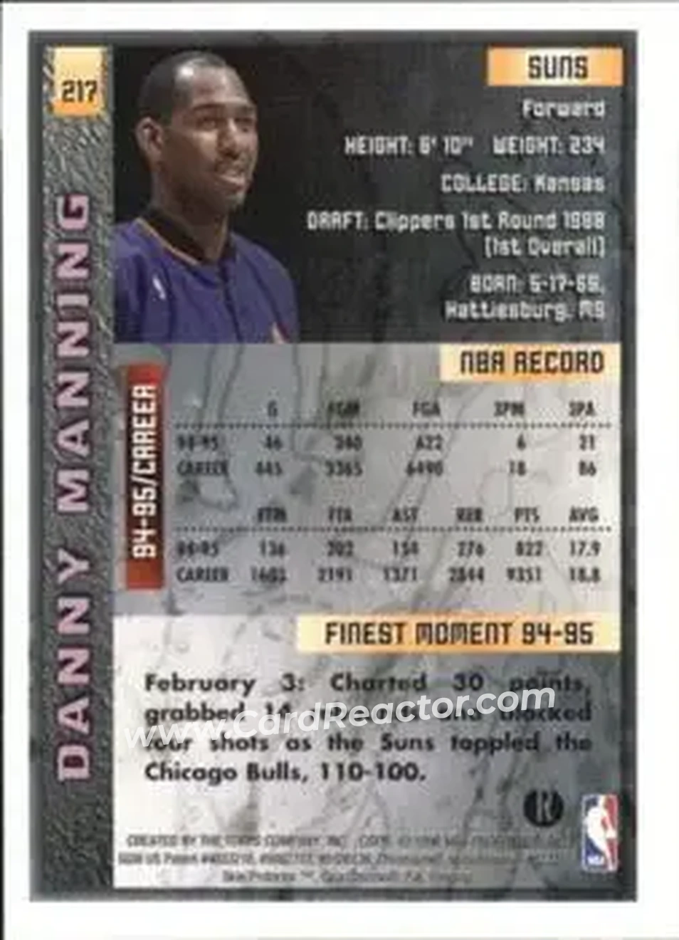 1995-96 Finest - Refractors #217 - Danny Manning - Phoenix Suns - Back
