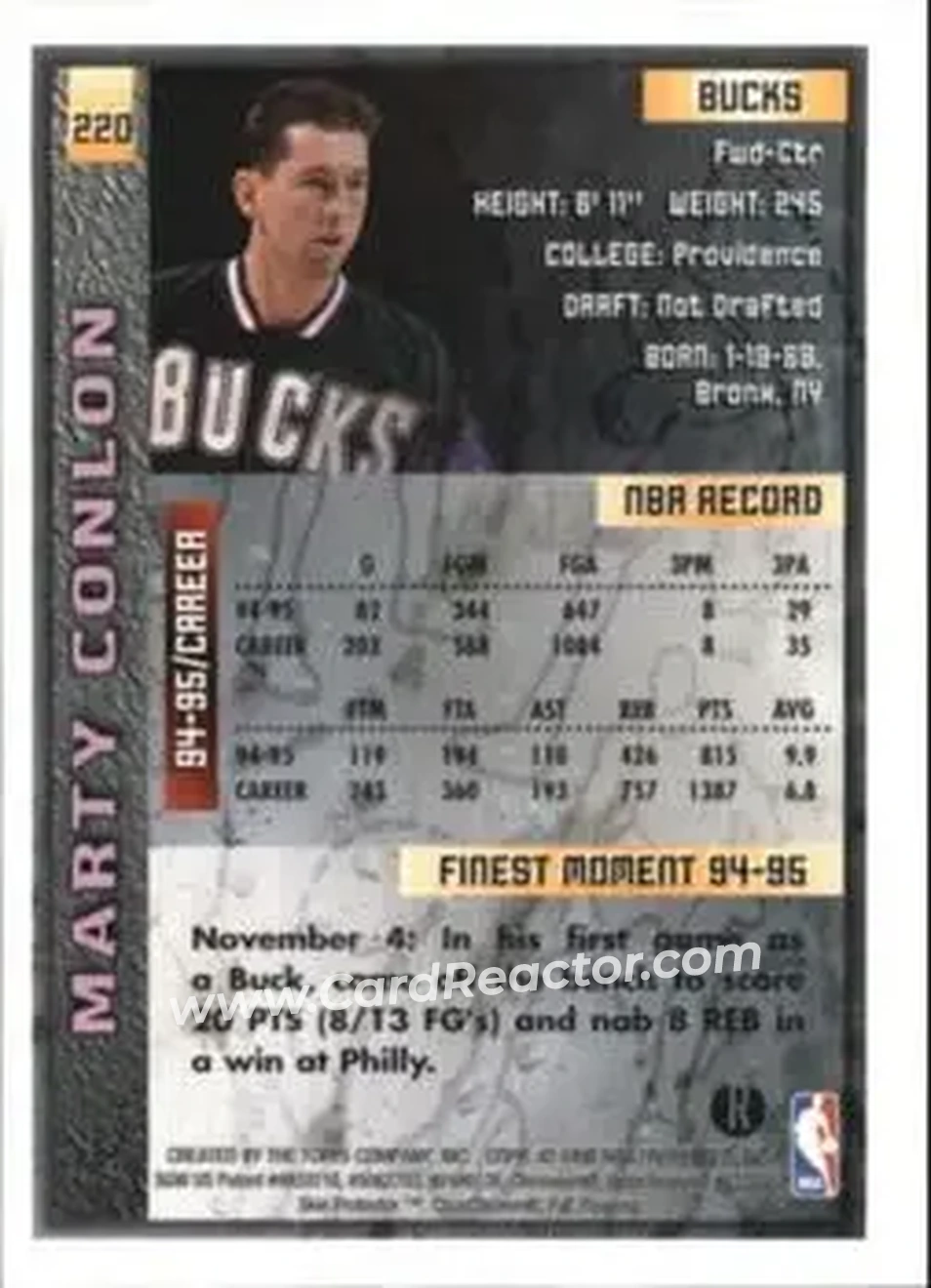 1995-96 Finest - Refractors #220 - Marty Conlon - Milwaukee Bucks - Back