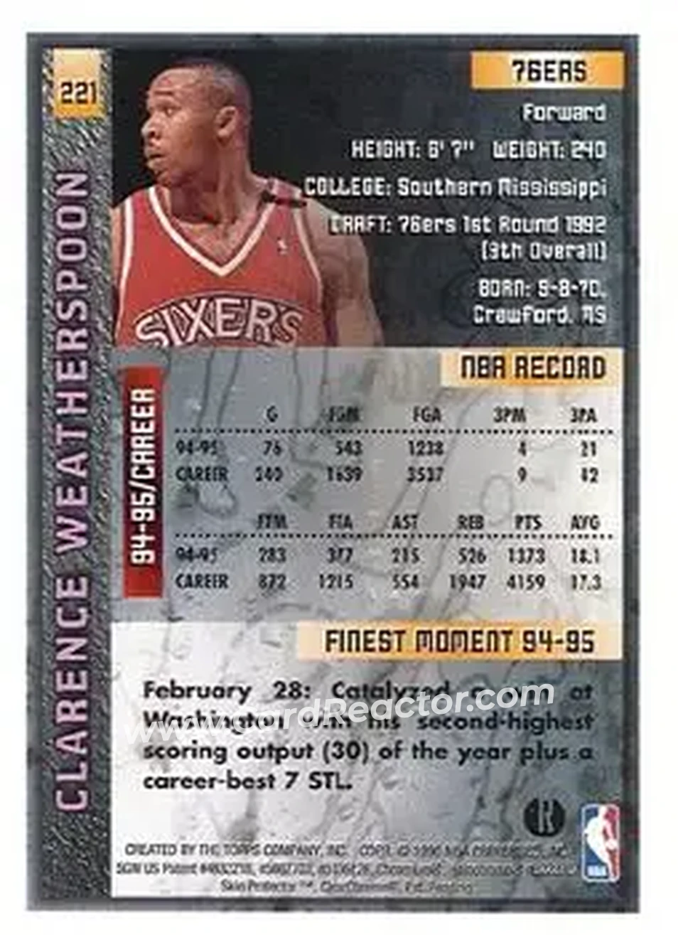 1995-96 Finest - Refractors #221 - Clarence Weatherspoon - Philadelphia 76ers - Back