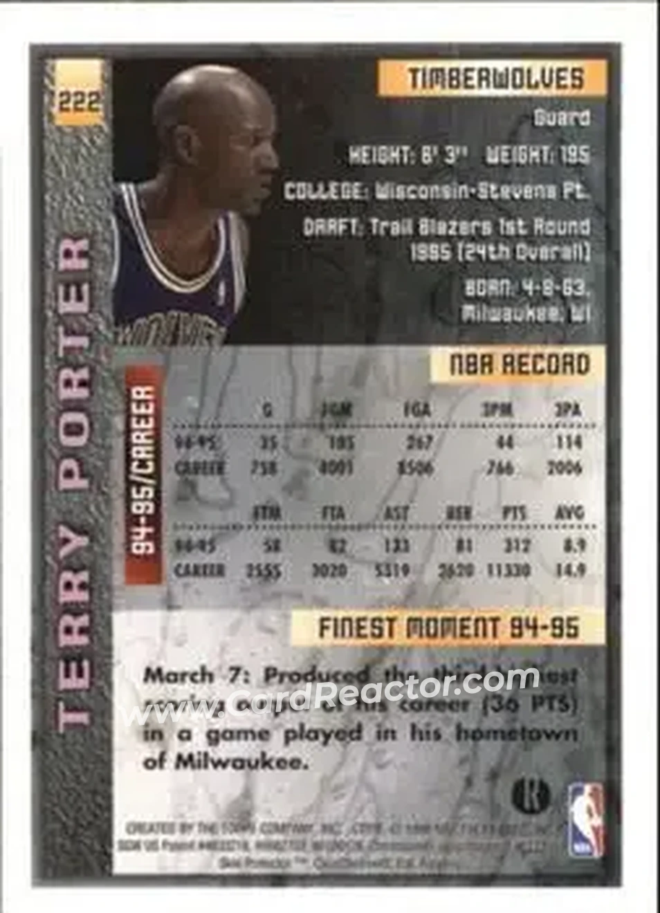 1995-96 Finest - Refractors #222 - Terry Porter - Minnesota Timberwolves - Back