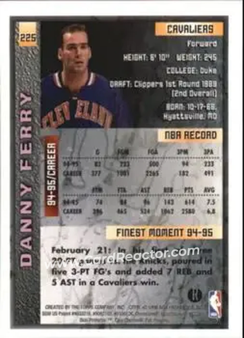 1995-96 Finest - Refractors #225 - Danny Ferry - Cleveland Cavaliers - Back