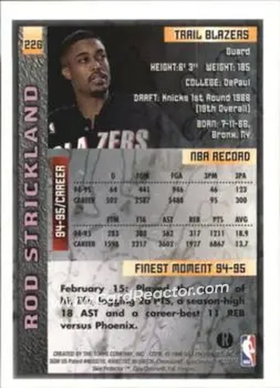 1995-96 Finest - Refractors #226 - Rod Strickland - Portland Trail Blazers - Back