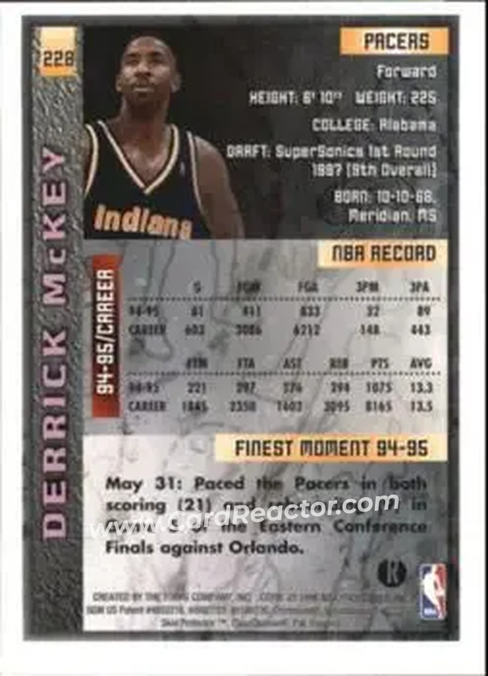 1995-96 Finest - Refractors #228 - Derrick McKey - Indiana Pacers - Back