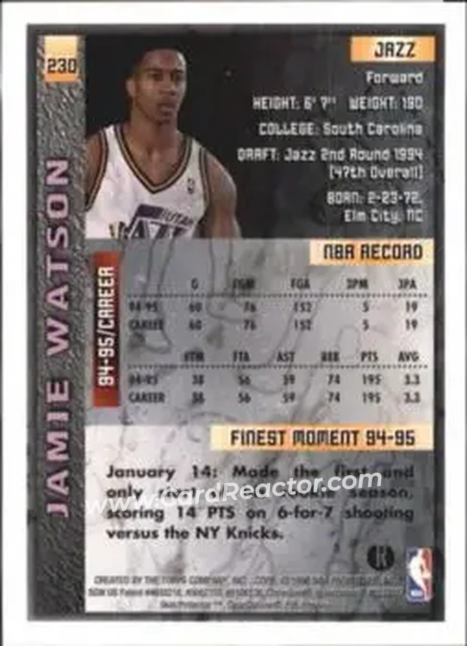 1995-96 Finest - Refractors #230 - Jamie Watson - Utah Jazz - Back