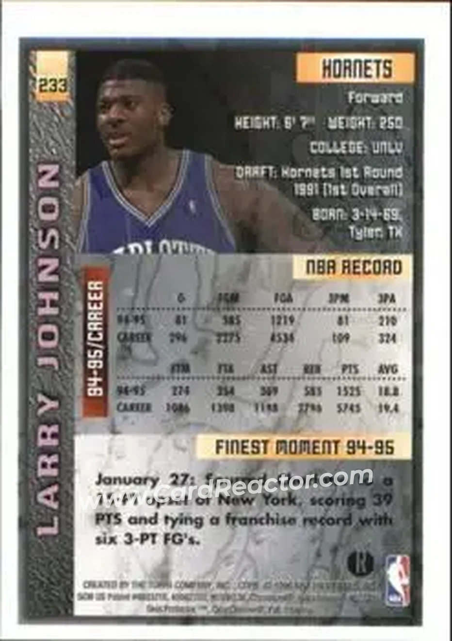 1995-96 Finest - Refractors #233 - Larry Johnson - Charlotte Hornets - Back 1995-96 Finest - Refractors #233 - Larry Johnson - Charlotte Hornets - Back