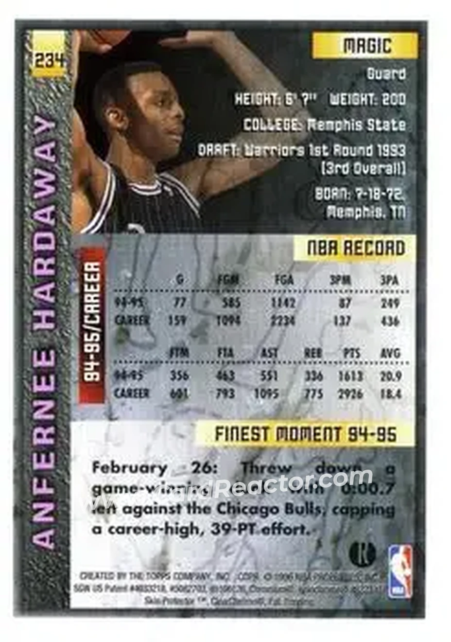 1995-96 Finest - Refractors #234 - Anfernee Hardaway - Orlando Magic - Back