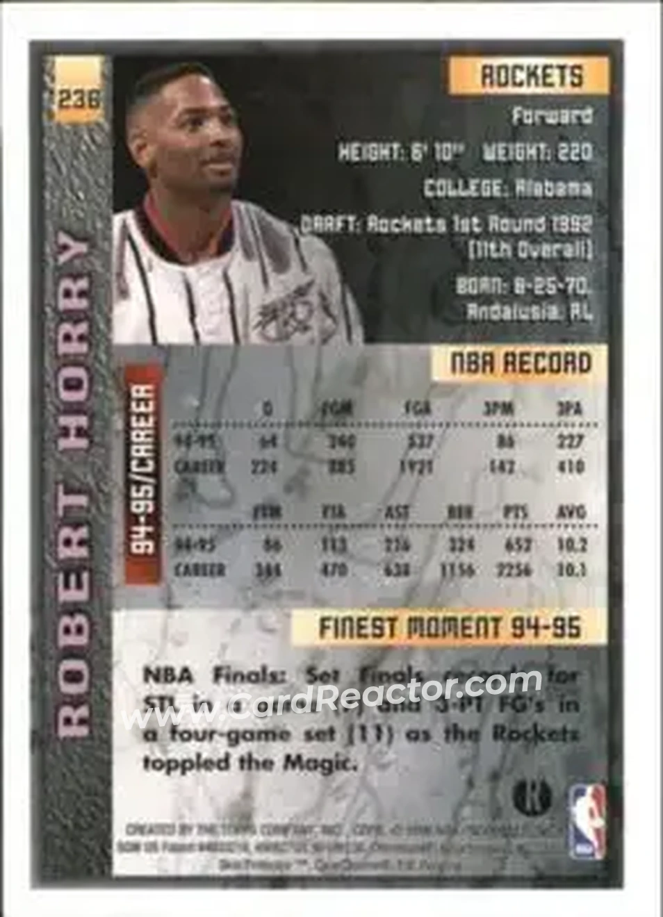1995-96 Finest - Refractors #236 - Robert Horry - Houston Rockets - Back