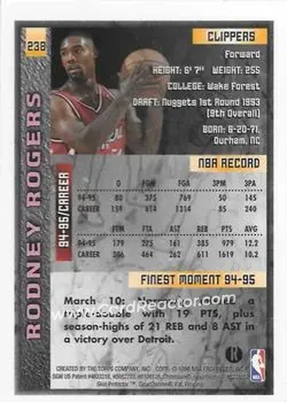 1995-96 Finest - Refractors #238 - Rodney Rogers - Los Angeles Clippers - Back