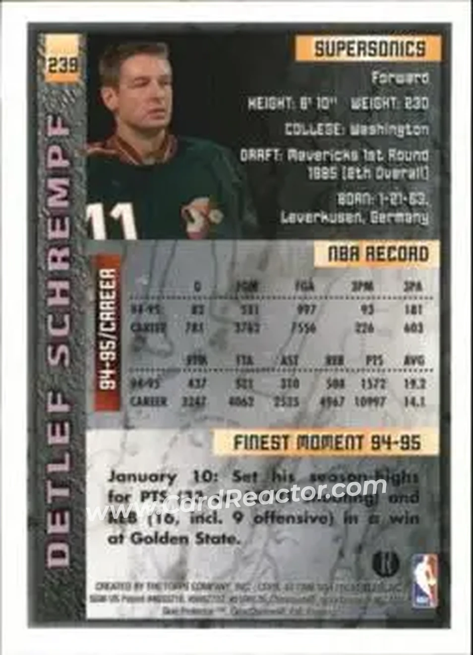 1995-96 Finest - Refractors #239 - Detlef Schrempf - Seattle SuperSonics - Back
