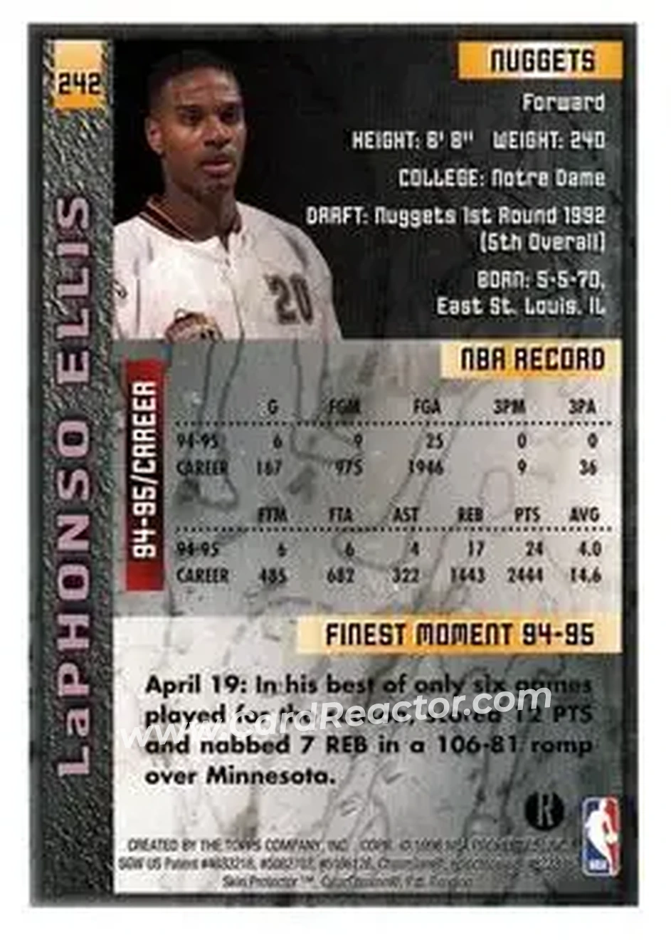 1995-96 Finest - Refractors #242 - LaPhonso Ellis - Denver Nuggets - Back 1995-96 Finest - Refractors #242 - LaPhonso Ellis - Denver Nuggets - Back