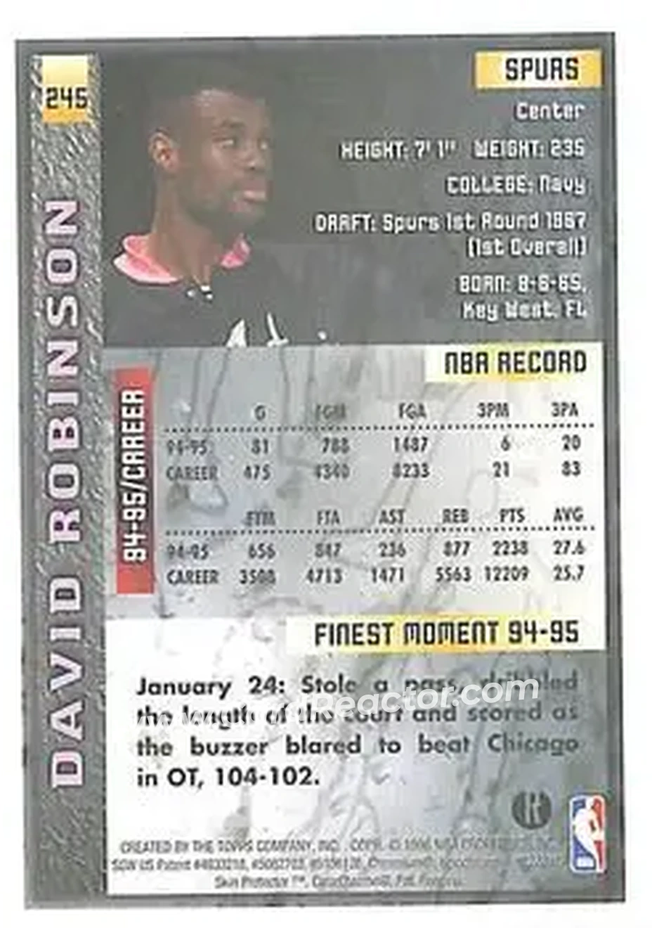 1995-96 Finest - Refractors #245 - David Robinson - San Antonio Spurs - Back