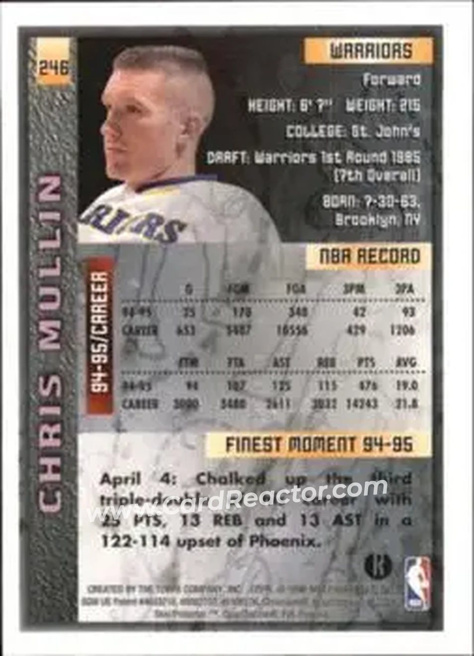 1995-96 Finest - Refractors #246 - Chris Mullin - Golden State Warriors - Back