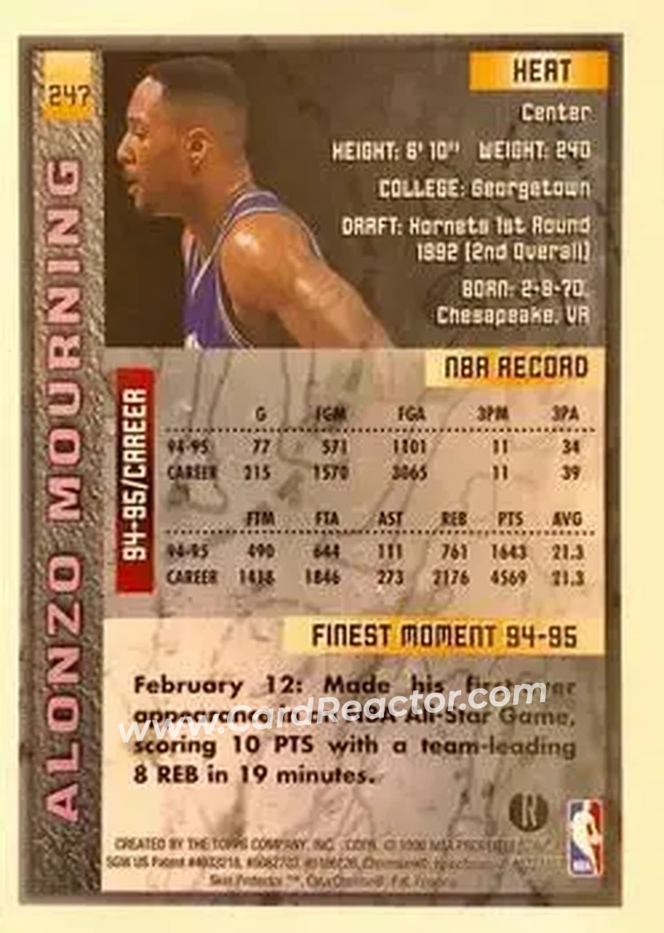 1995-96 Finest - Refractors #247 - Alonzo Mourning - Miami Heat - Back
