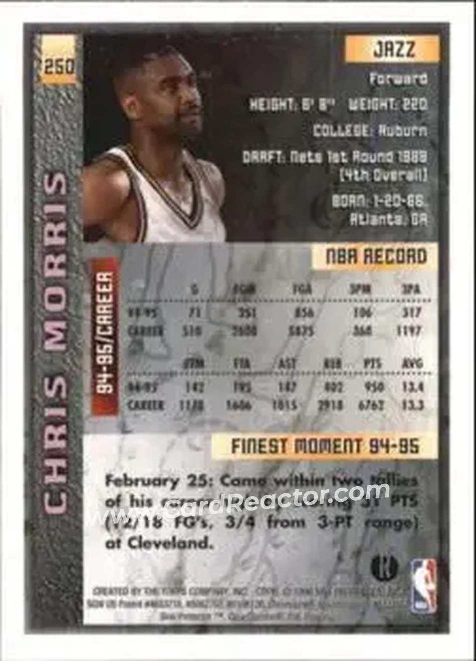 1995-96 Finest - Refractors #250 - Chris Morris - Utah Jazz - Back