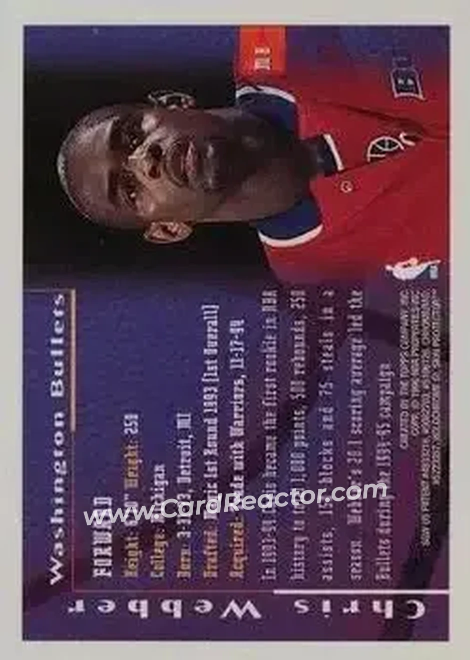1995-96 Finest - Mystery Finest Bordered Refractors #M8 - Chris Webber - Washington Bullets - Back