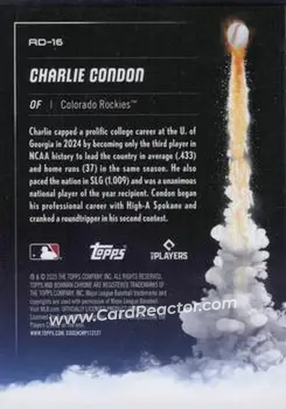 2025 Bowman Chrome - Adios #AD-16 - Charlie Condon - Colorado Rockies - Back