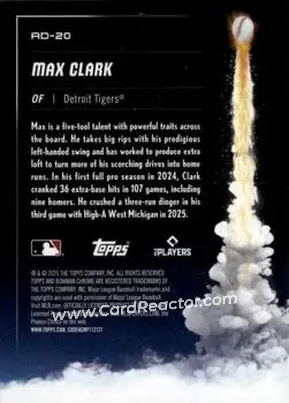 2025 Bowman Chrome - Adios #AD-20 - Max Clark - Detroit Tigers - Back 2025 Bowman Chrome - Adios #AD-20 - Max Clark - Detroit Tigers - Back