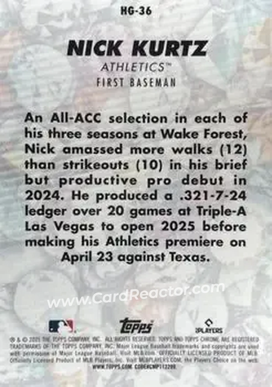 2025 Bowman Chrome - Hidden Gems #HG-36 - Nick Kurtz - Athletics - Back