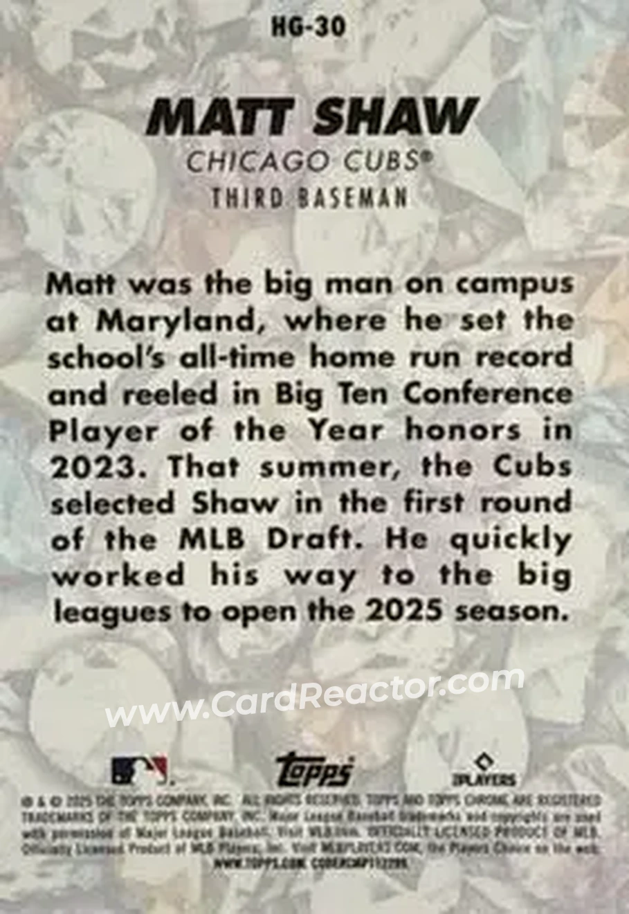 2025 Bowman Chrome - Hidden Gems Citrine #HG-30 - Matt Shaw - Chicago Cubs - Back