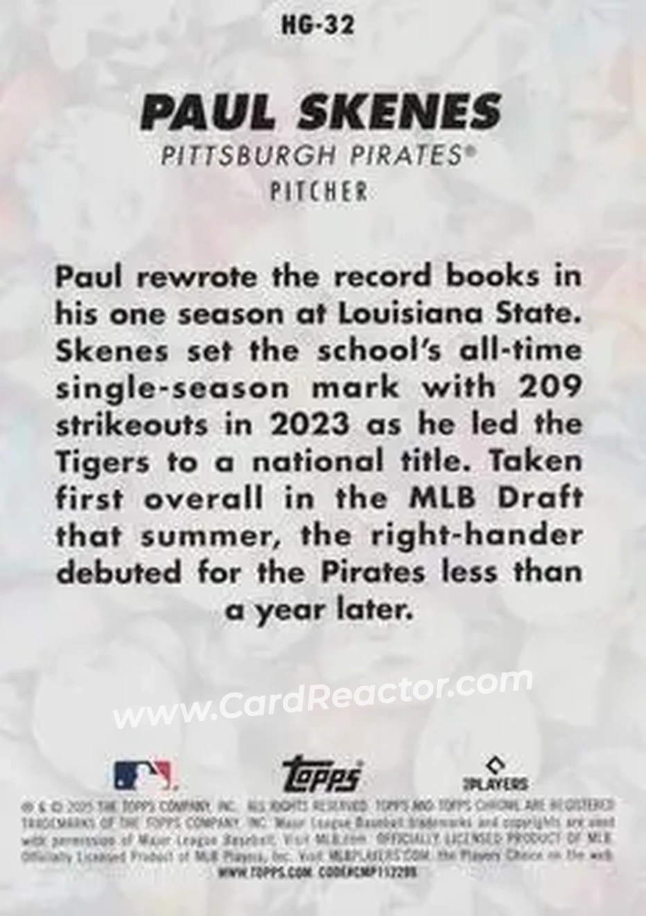 2025 Bowman Chrome - Hidden Gems Citrine #HG-32 - Paul Skenes - Pittsburgh Pirates - Back