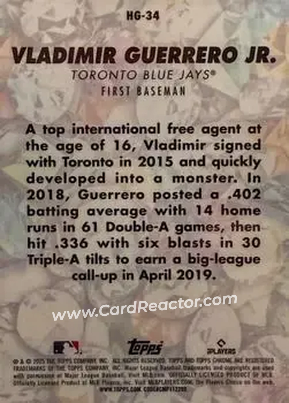 2025 Bowman Chrome - Hidden Gems Citrine #HG-34 - Vladimir Guerrero Jr. - Toronto Blue Jays - Back