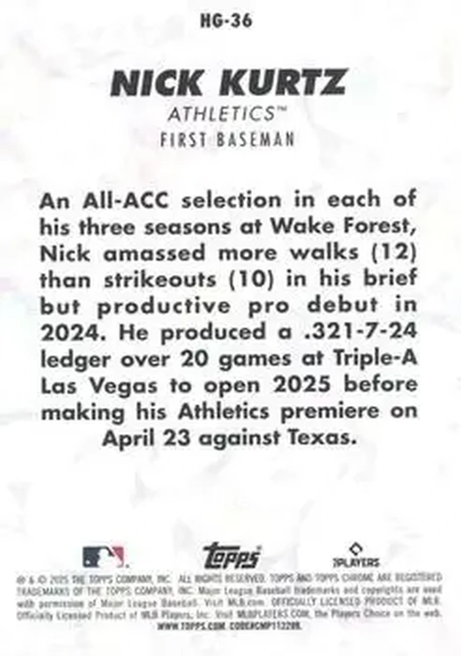 2025 Bowman Chrome - Hidden Gems Citrine #HG-36 - Nick Kurtz - Athletics - Back