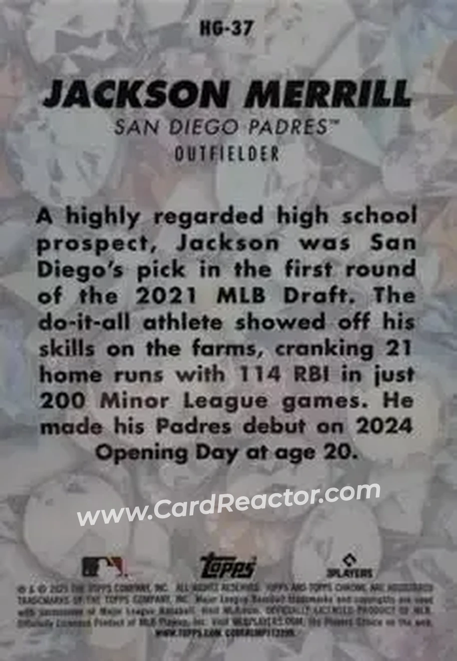 2025 Bowman Chrome - Hidden Gems Citrine #HG-37 - Jackson Merrill - San Diego Padres - Back