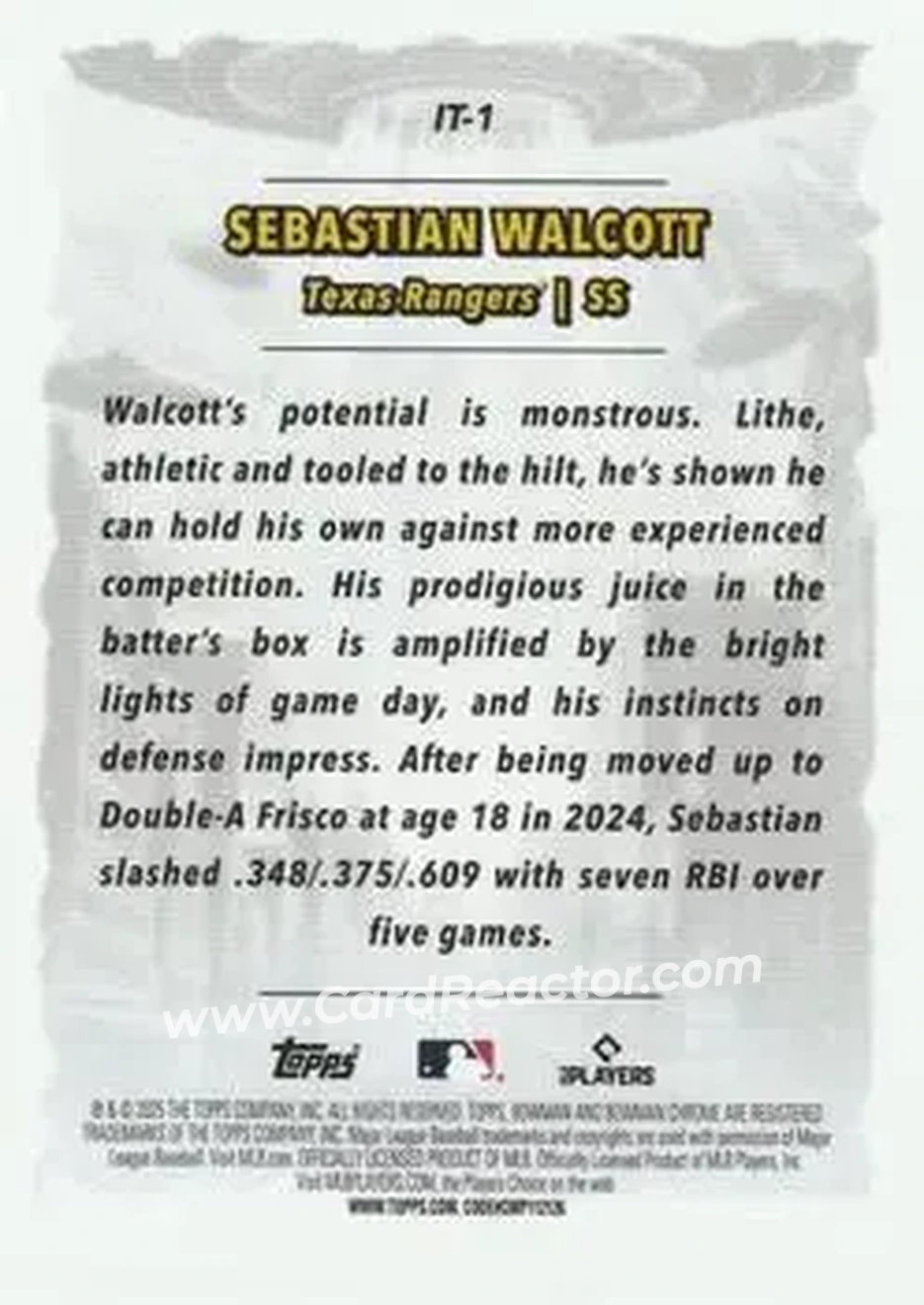 2025 Bowman Chrome - It Came To The League #IT-1 - Sebastian Walcott - Texas Rangers - Back