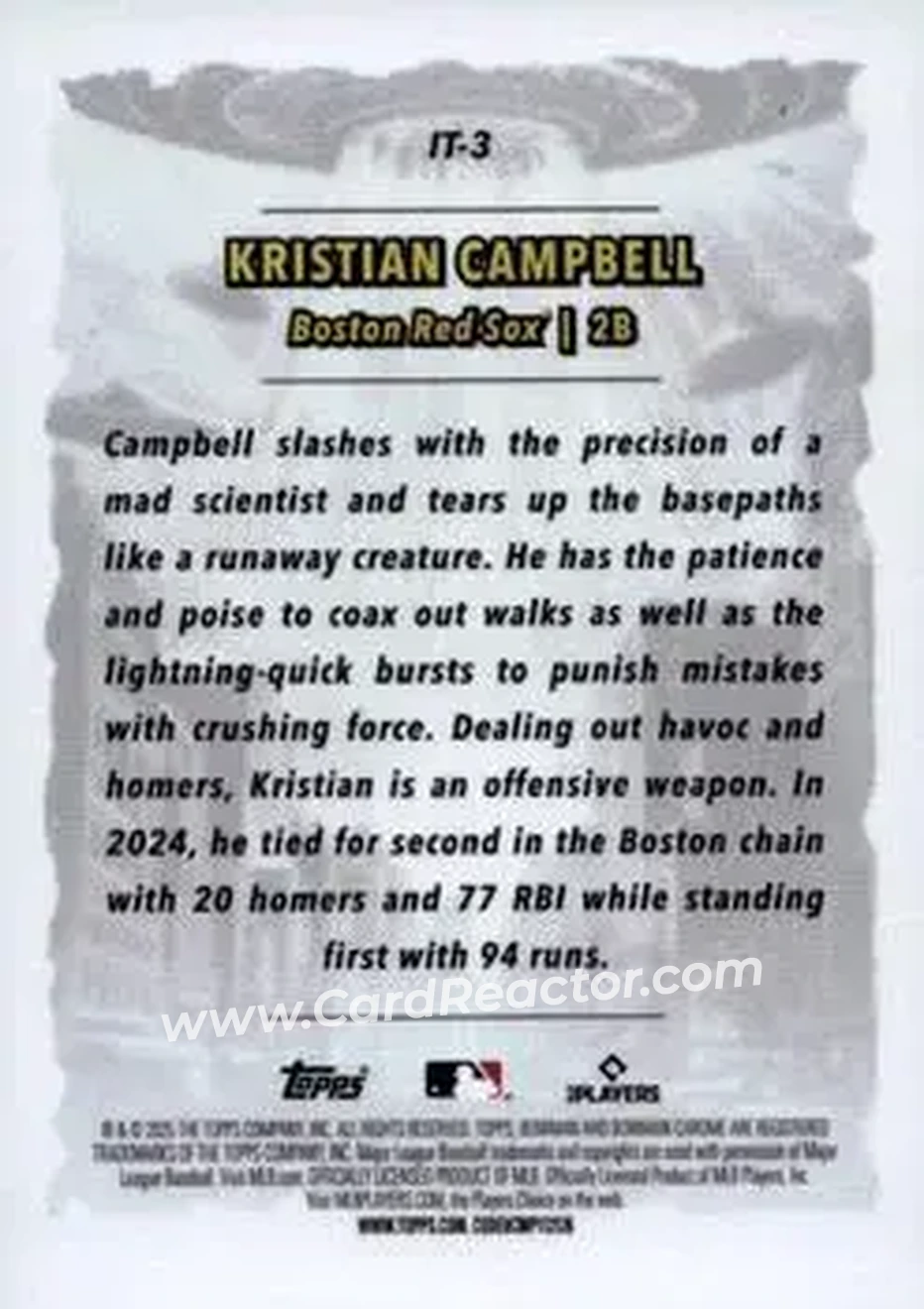 2025 Bowman Chrome - It Came To The League #IT-3 - Kristian Campbell - Boston Red Sox - Back