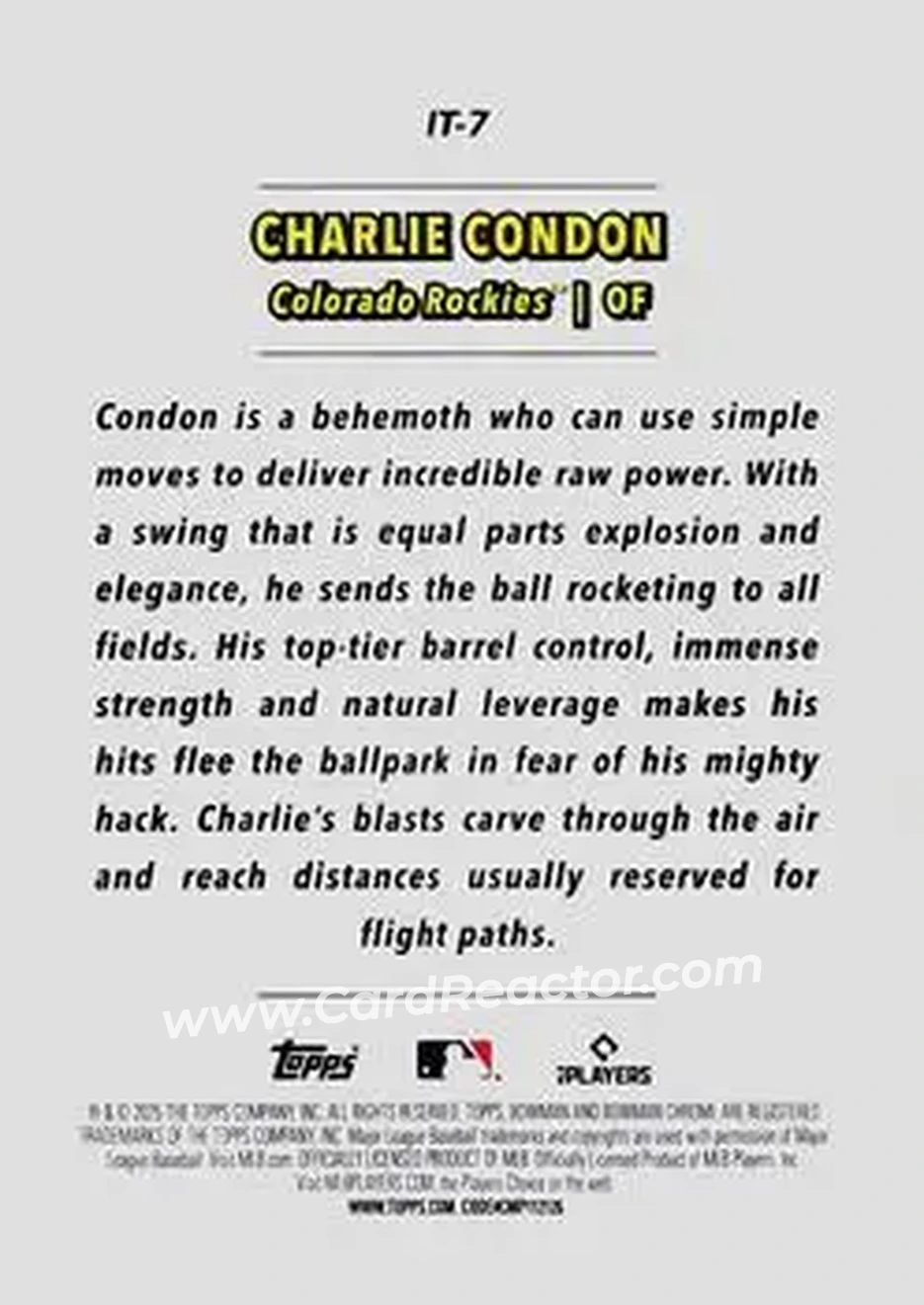 2025 Bowman Chrome - It Came To The League #IT-7 - Charlie Condon - Colorado Rockies - Back