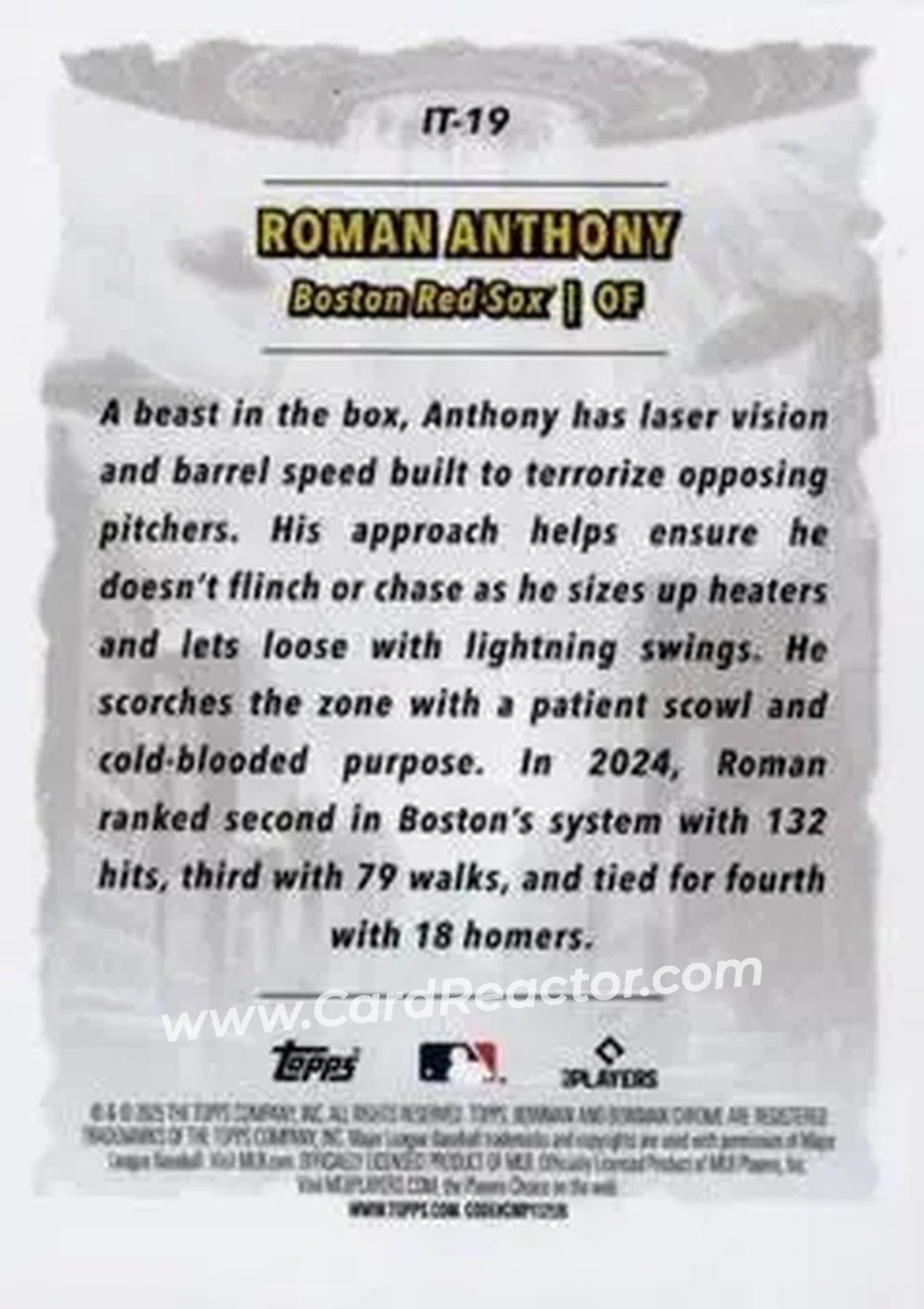 2025 Bowman Chrome - It Came To The League #IT-19 - Roman Anthony - Boston Red Sox - Back