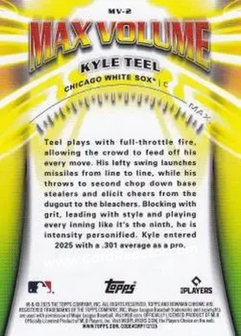 2025 Bowman Chrome - Max Volume #MV-2 - Kyle Teel - Chicago White Sox - Back 2025 Bowman Chrome - Max Volume #MV-2 - Kyle Teel - Chicago White Sox - Back