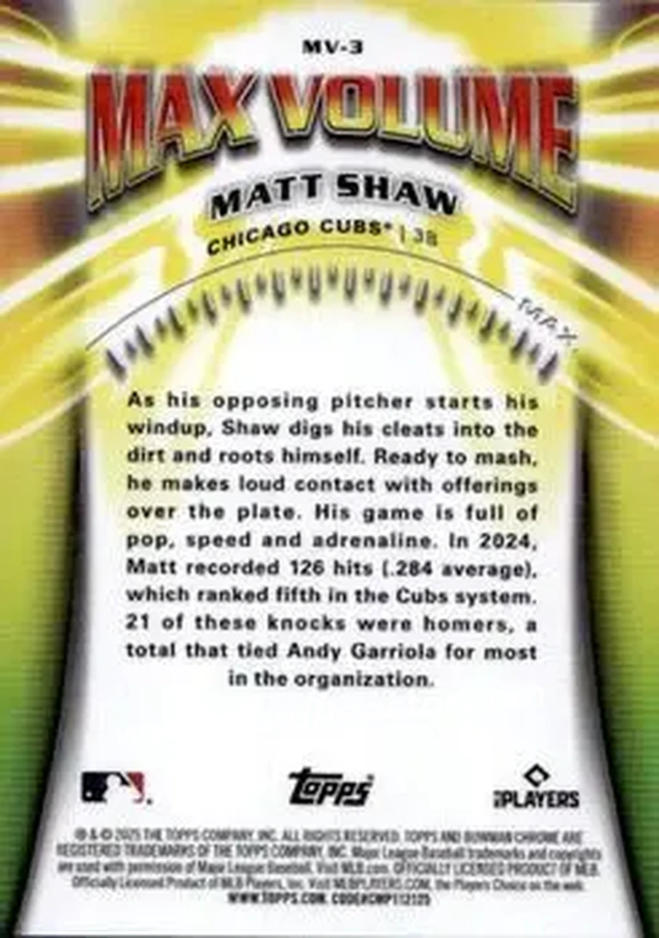 2025 Bowman Chrome - Max Volume #MV-3 - Matt Shaw - Chicago Cubs - Back