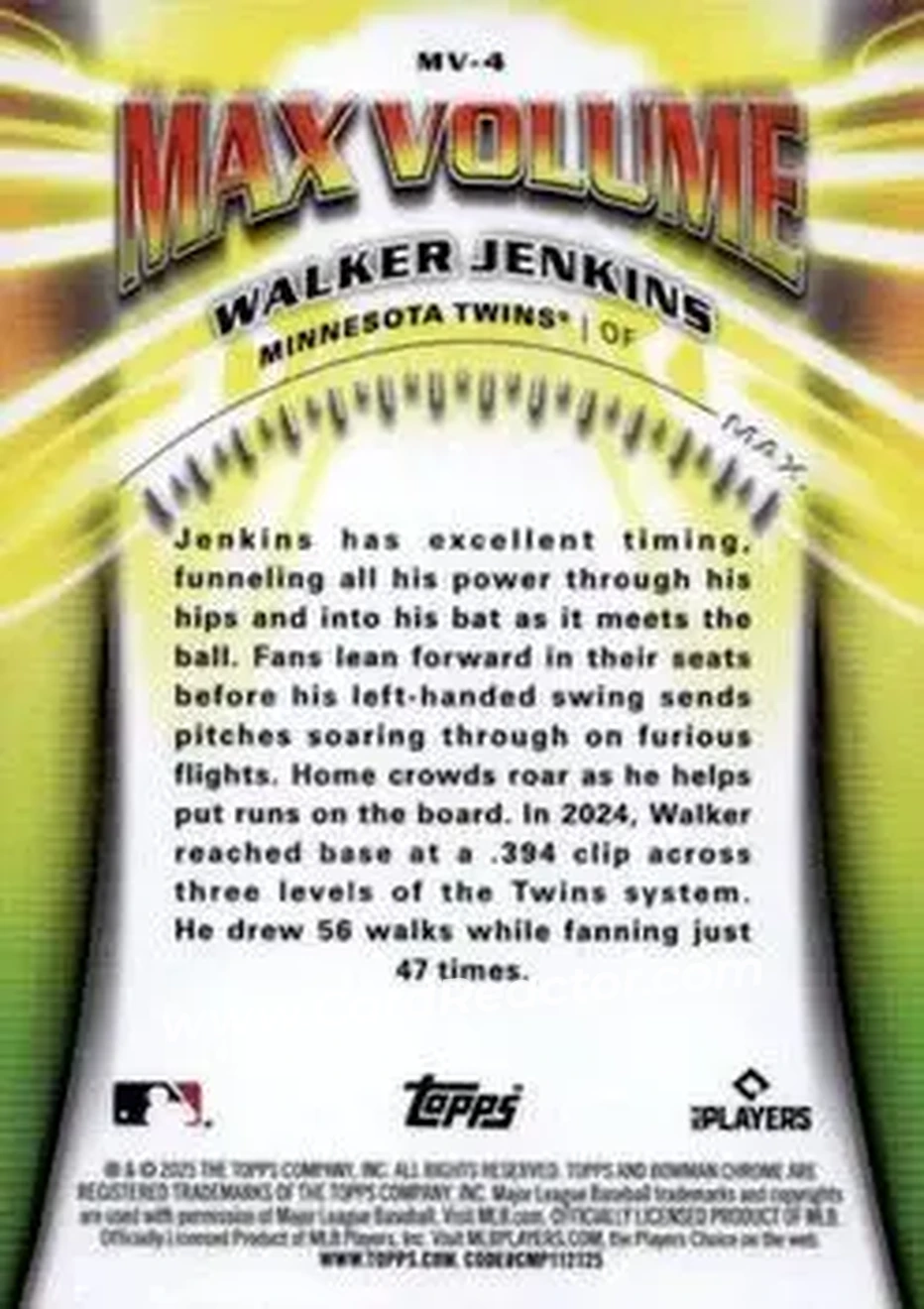 2025 Bowman Chrome - Max Volume #MV-4 - Walker Jenkins - Minnesota Twins - Back