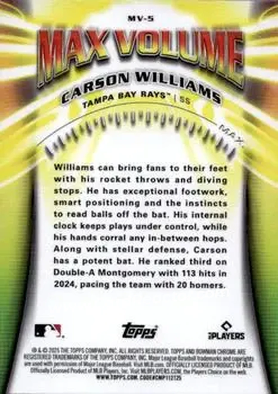 2025 Bowman Chrome - Max Volume #MV-5 - Carson Williams - Tampa Bay Rays - Back