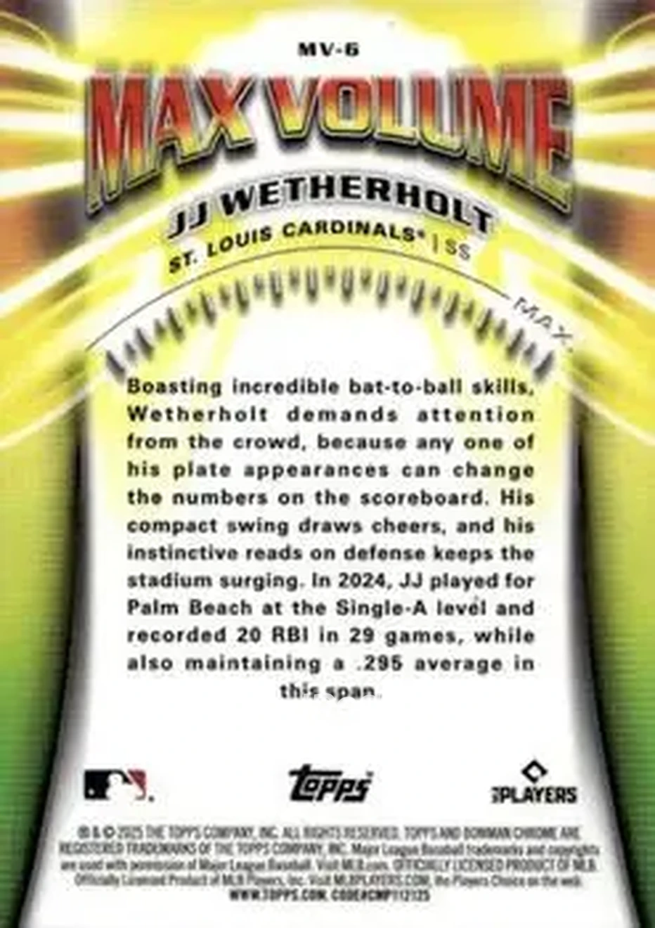 2025 Bowman Chrome - Max Volume #MV-6 - JJ Wetherholt - St. Louis Cardinals - Back
