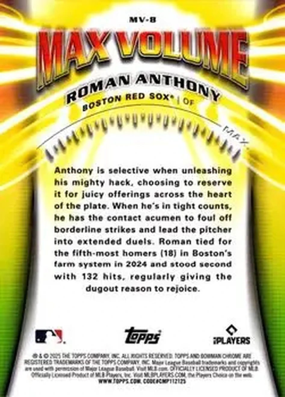2025 Bowman Chrome - Max Volume #MV-8 - Roman Anthony - Boston Red Sox - Back