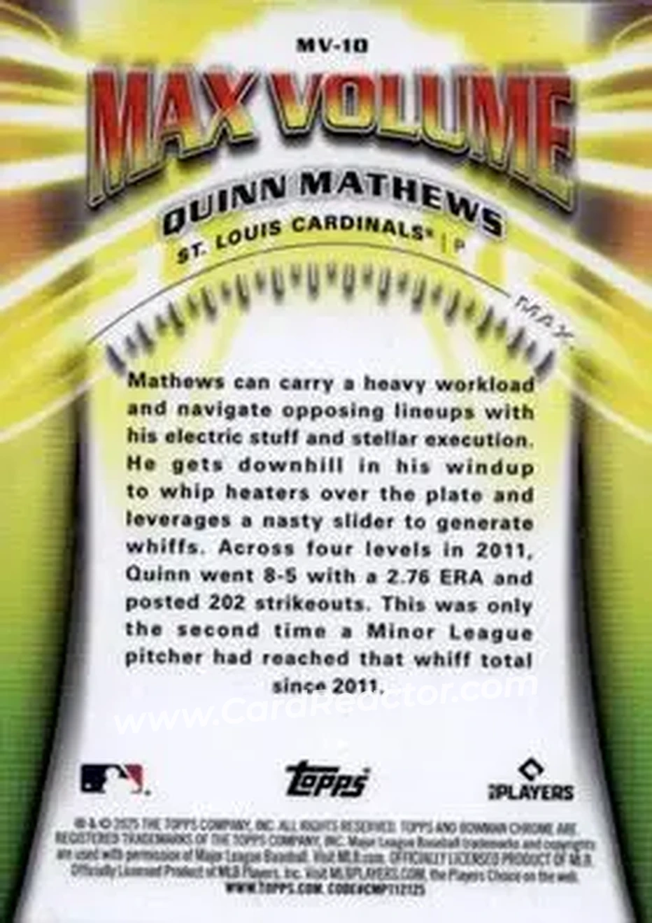 2025 Bowman Chrome - Max Volume #MV-10 - Quinn Mathews - St. Louis Cardinals - Back