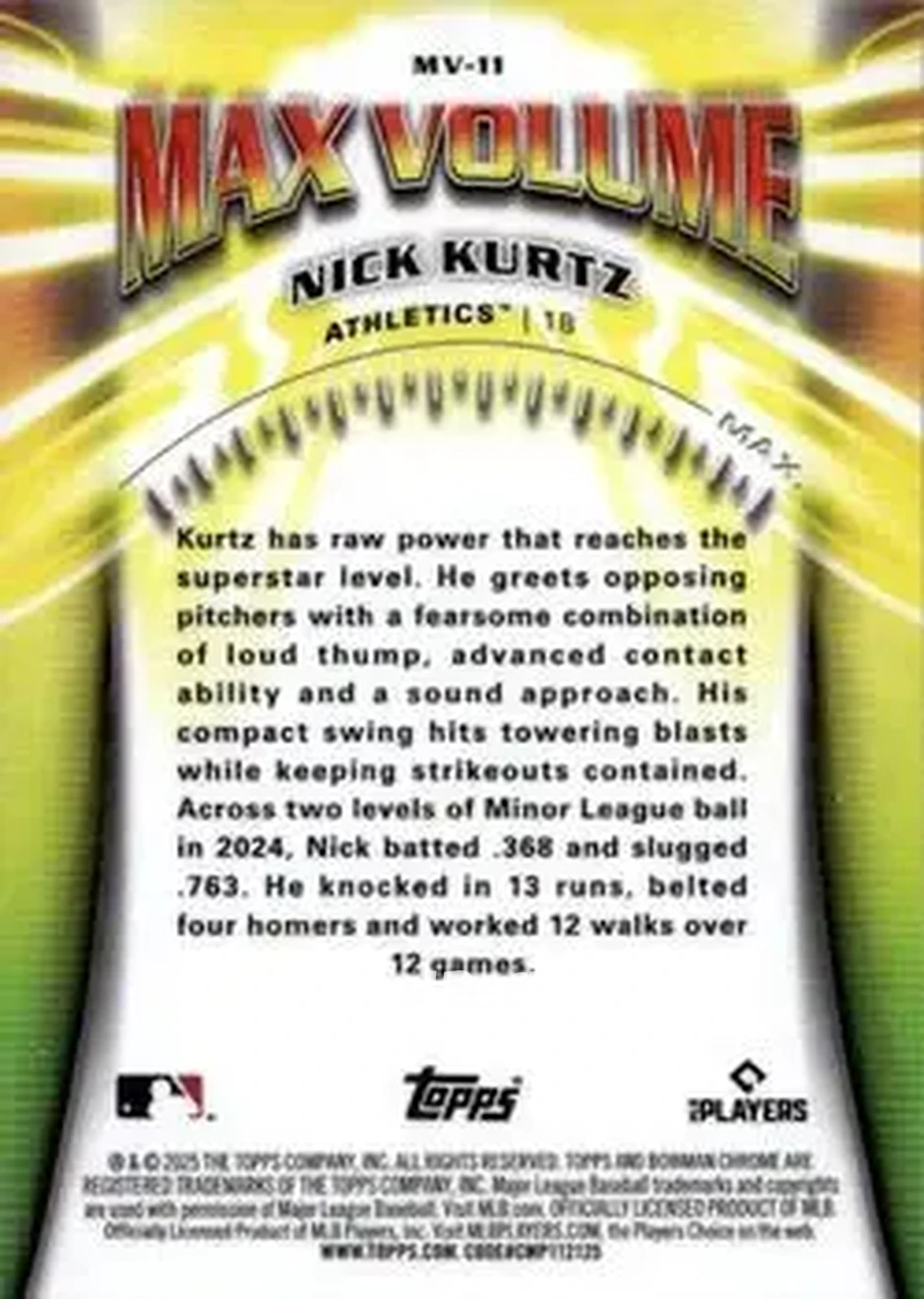 2025 Bowman Chrome - Max Volume #MV-11 - Nick Kurtz - Athletics - Back