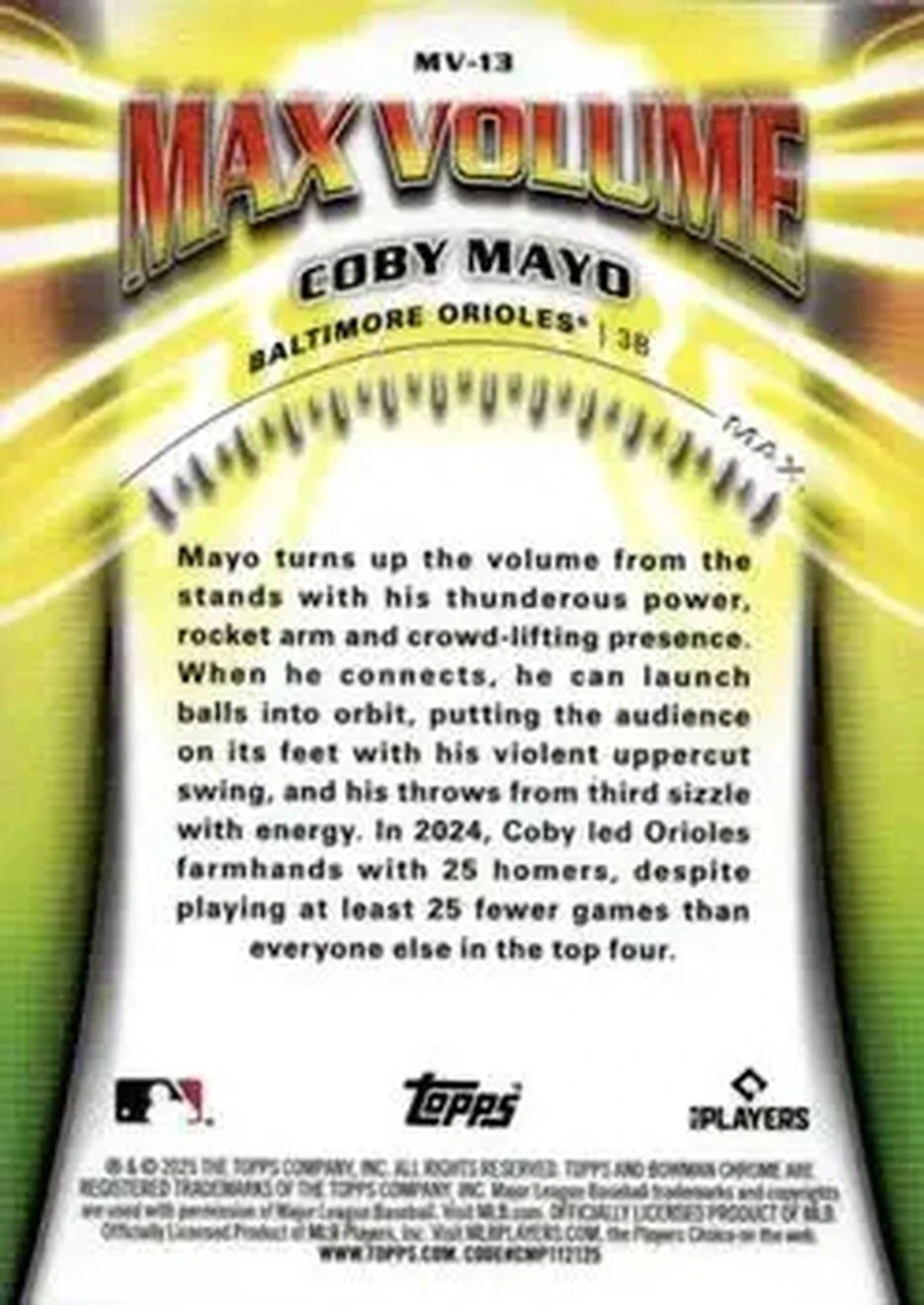 2025 Bowman Chrome - Max Volume #MV-13 - Coby Mayo - Baltimore Orioles - Back