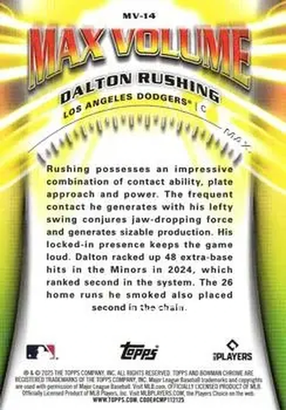 2025 Bowman Chrome - Max Volume #MV-14 - Dalton Rushing - Los Angeles Dodgers - Back