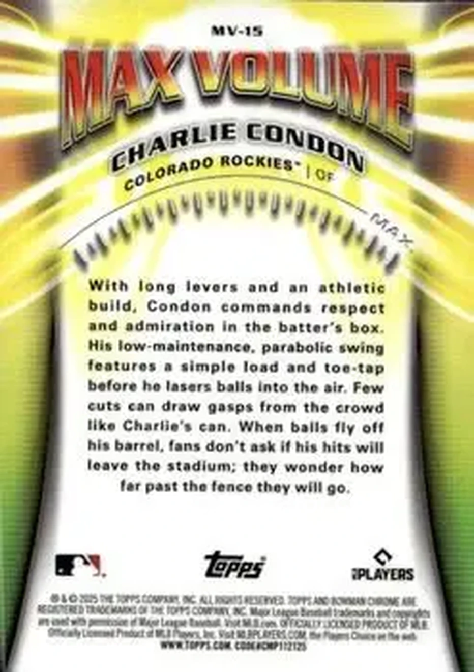 2025 Bowman Chrome - Max Volume #MV-15 - Charlie Condon - Colorado Rockies - Back