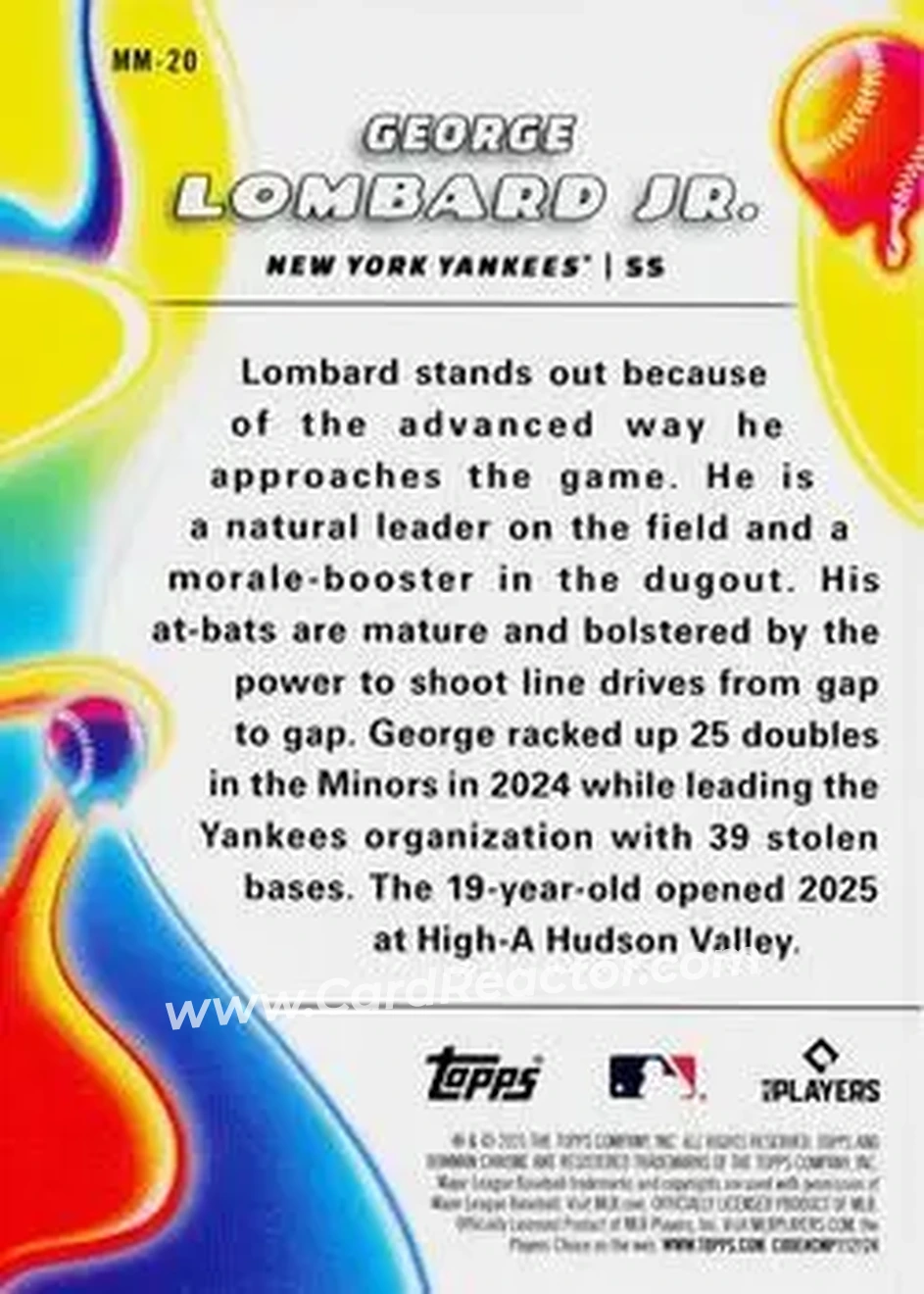 2025 Bowman Chrome - Melt Mashers #MM-20 - George Lombard Jr. - New York Yankees - Back