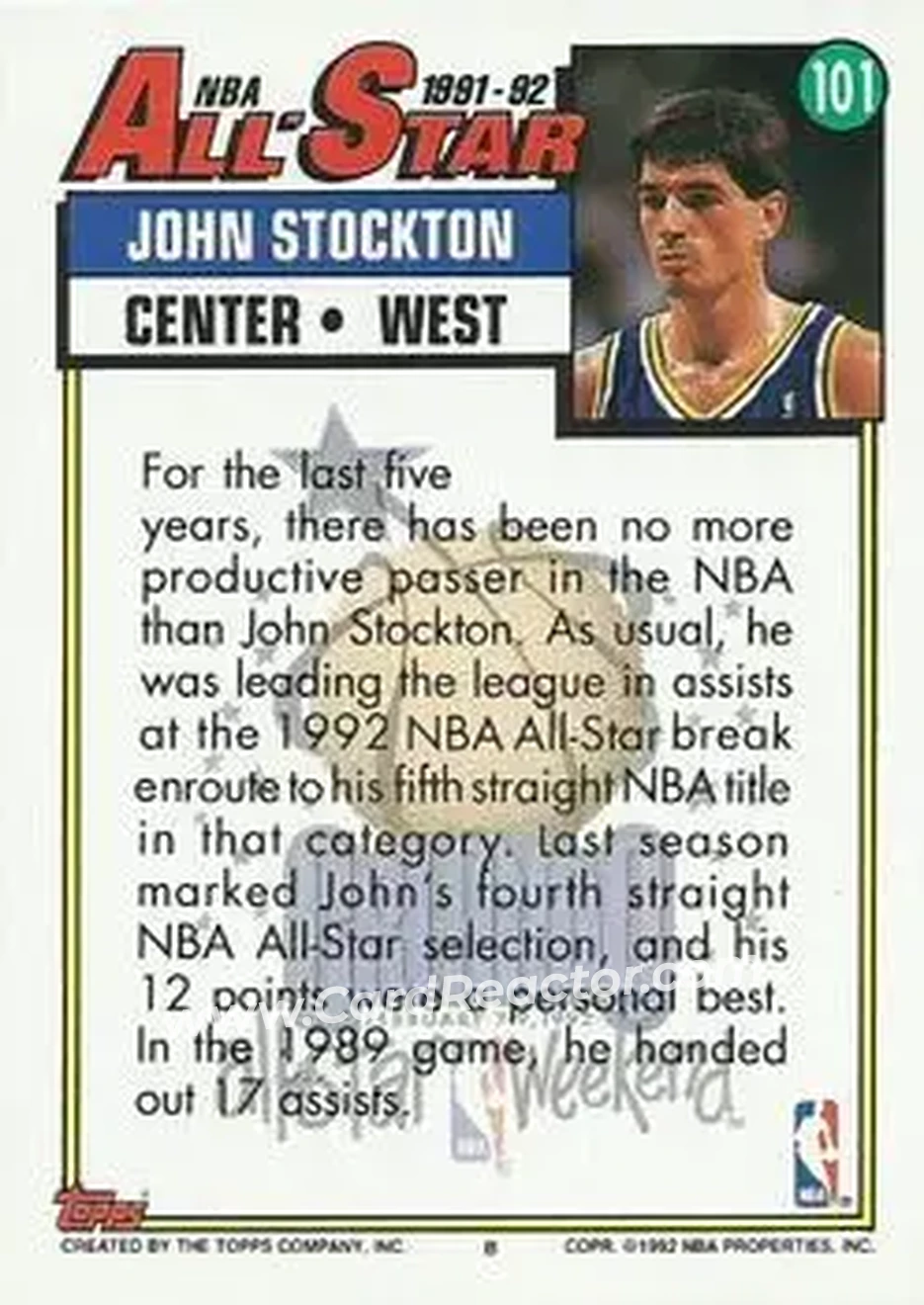 1992-93 Topps #101 - John Stockton - Utah Jazz - Back