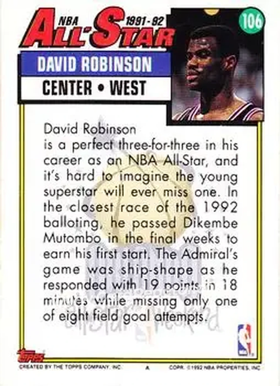 1992-93 Topps #106 - David Robinson - San Antonio Spurs - Back