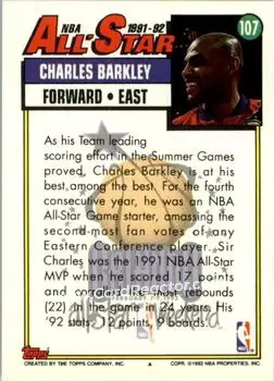 1992-93 Topps #107 - Charles Barkley - Philadelphia 76ers - Back