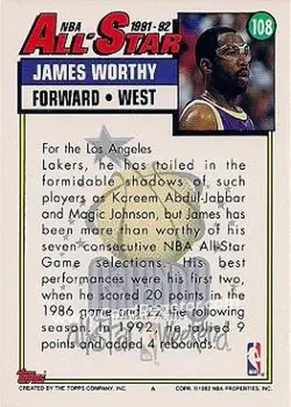 1992-93 Topps #108 - James Worthy - Los Angeles Lakers - Back