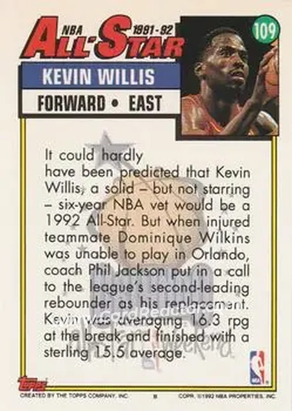 1992-93 Topps #109 - Kevin Willis - Atlanta Hawks - Back