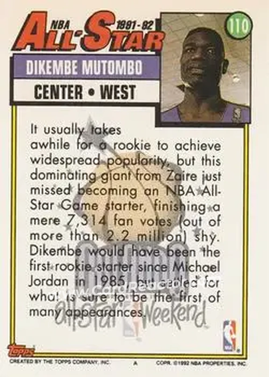 1992-93 Topps #110 - Dikembe Mutombo - Denver Nuggets - Back