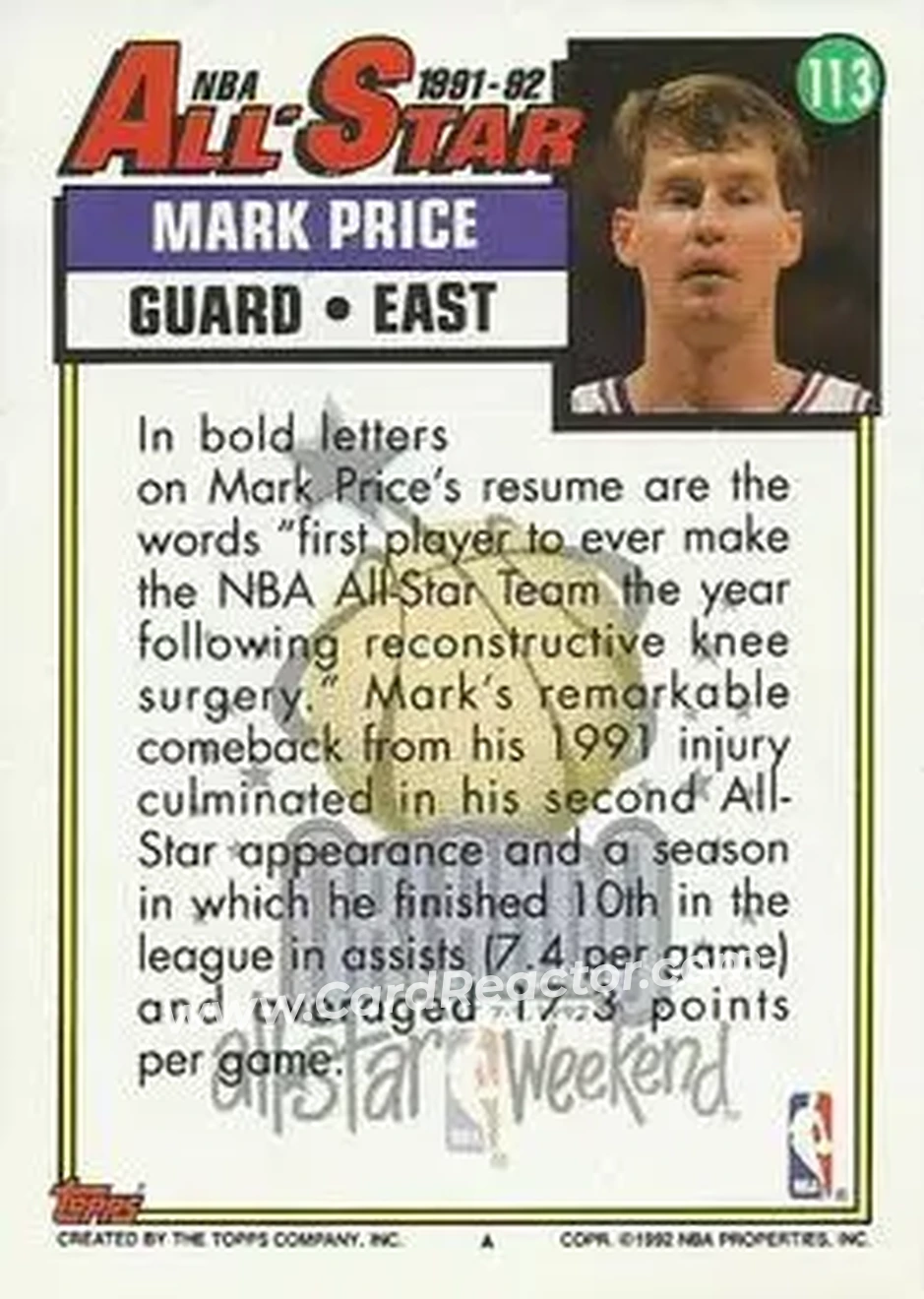 1992-93 Topps #113 - Mark Price - Cleveland Cavaliers - Back